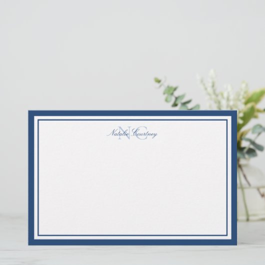 Minimalistisch Manuscript Navy Blue Two Border Mon Briefpapier (Staand voorkant)