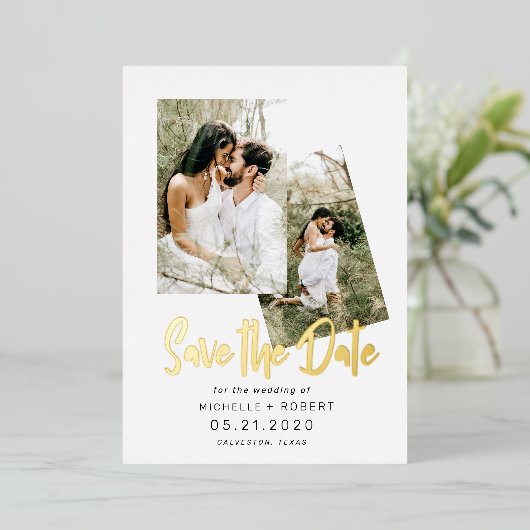 minimalistisch manuscript twee Foto sparen de Datu Folie Uitnodiging (Staand Voorkant)