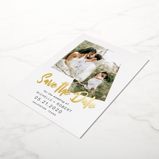 minimalistisch manuscript twee Foto sparen de Datu Folie Uitnodiging (Gedraaid)