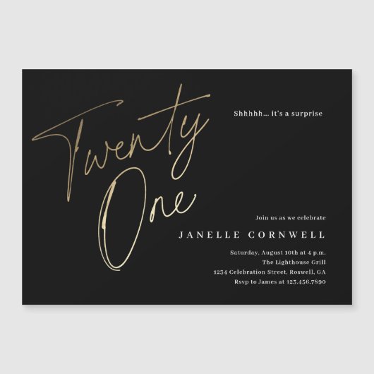 Minimalistisch Manuscript Zwart en Goud 21st Dag Magnetische Uitnodiging (Voorkant)