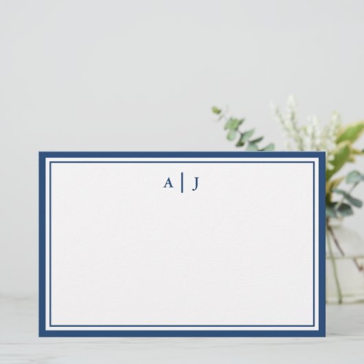 Minimalistisch marineblauw 2-grensmonogram briefpapier (Staand voorkant)
