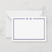 Minimalistisch marineblauw 2-grensmonogram notitiekaartje (Voorkant)