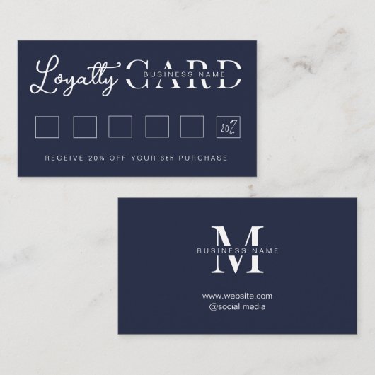 Minimalistisch marineblauw Initiaal script Klantenkaartje (Voorkant / Achterkant)