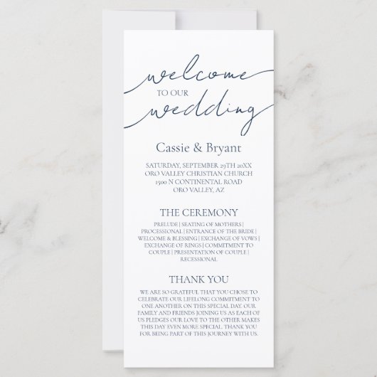 Minimalistisch marineblauw script modern trouwprog (Voorkant)