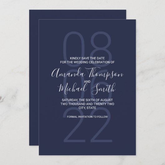 Minimalistisch marinesultaat Blue Modern Script We Save The Date (Voorkant / Achterkant)