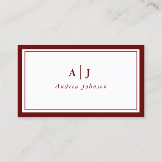 Minimalistisch maroon Red Two Border Monogram Visitekaartje (Voorkant)