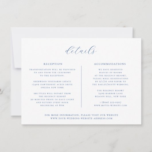 Minimalistisch Marseille Bleu bruiloft details Kaa Kaart (Voorkant)