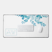 Minimalistisch Meisje Boss Blauw Bloemen Monogram Bureaumat (Keyboard & Muis)