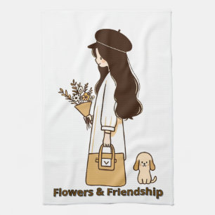 Minimalistisch meisje met poedel en wilde bloemen  theedoek