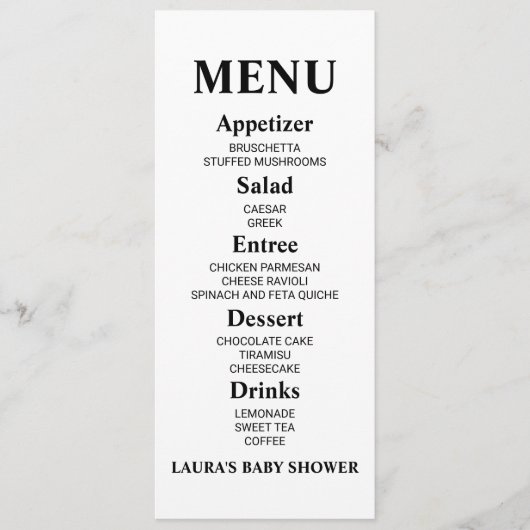 Minimalistisch menu Baby shower (Voorkant)