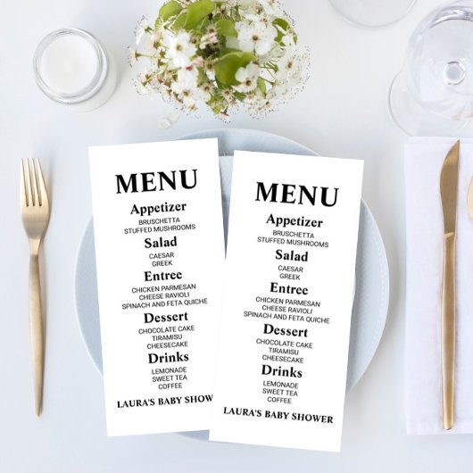 Minimalistisch menu Baby shower