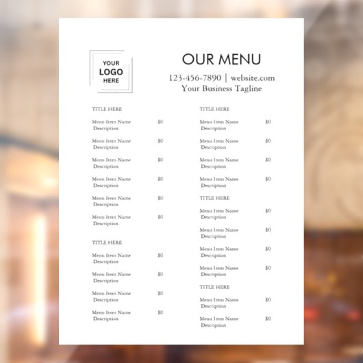 Minimalistisch Menu | Cafe & Catering met Eigen Lo Raamsticker (Vel 2)