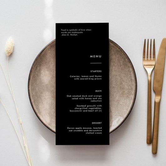 Minimalistisch menu Eenvoudige zwarte bruiloft