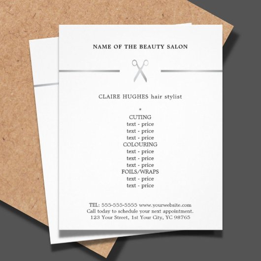 Minimalistisch menu Faux Silver Scissor Haarstylis