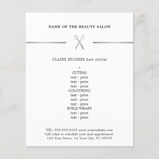 Minimalistisch menu Faux Silver Scissor Haarstylis (Voorkant)