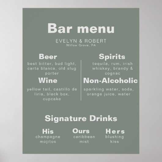 Minimalistisch menu Formele groene bruiloft met le Poster (Voorkant)