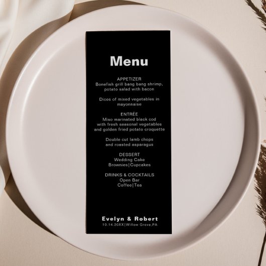 Minimalistisch menu Formele zwarte bruiloft van le