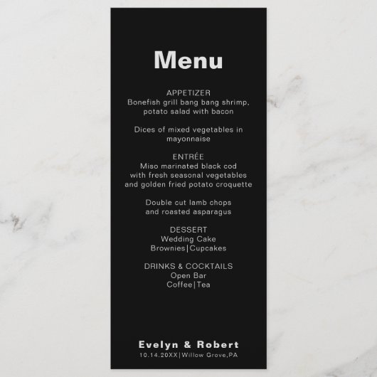 Minimalistisch menu Formele zwarte bruiloft van le (Voorkant)