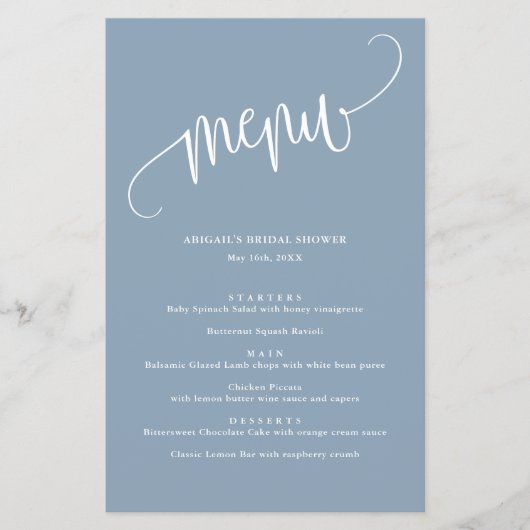 Minimalistisch menu met een mosterd blauw kalligra (Voorkant)