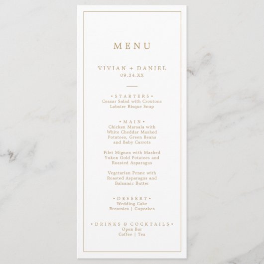 Minimalistisch menu met gouden tipografie Weddensc (Voorkant)
