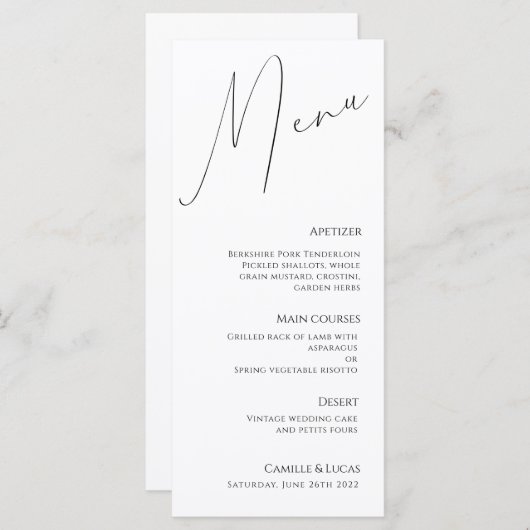Minimalistisch menu Moderne bruiloft van script (Voorkant / Achterkant)