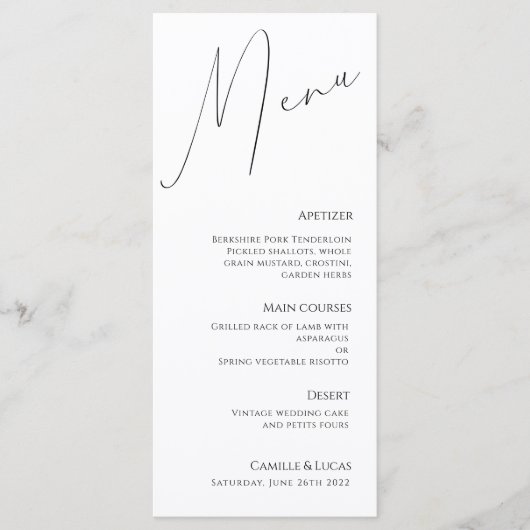 Minimalistisch menu Moderne bruiloft van script (Voorkant)