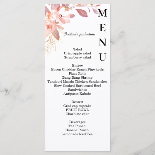 Minimalistisch menu van het florale Afstuderen, (Voorkant)