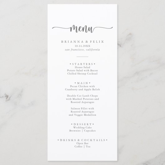 Minimalistisch menu voor kalligrafie Silver Dinner (Voorkant)