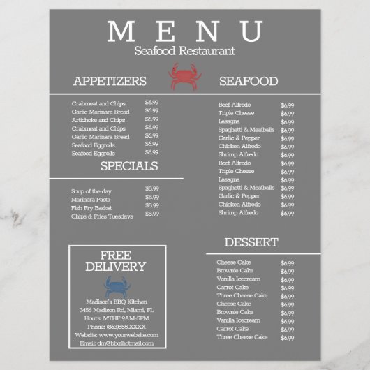 Minimalistisch menu voor zeevruchtenkrabgrillresta (Voorkant)
