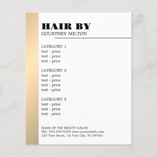 Minimalistisch menu Witte Faux Gold Line Haarstyli (Voorkant)
