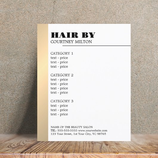 Minimalistisch menu Witte Faux Gold Line Haarstyli