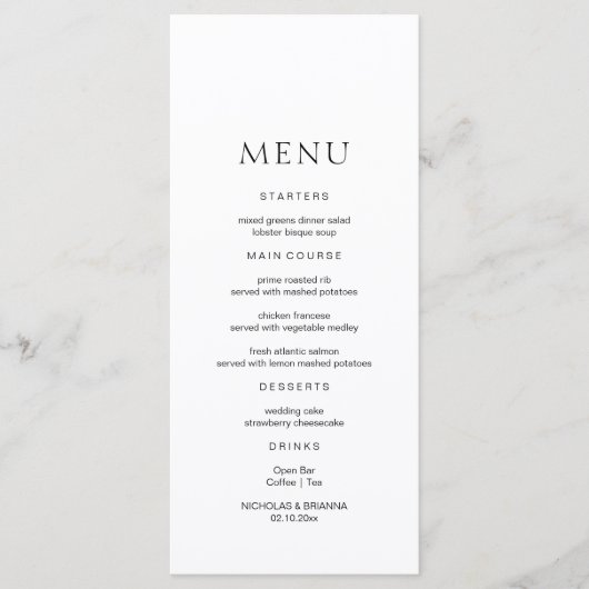 Minimalistisch menu Zwart en Wit Weddenschap (Voorkant)