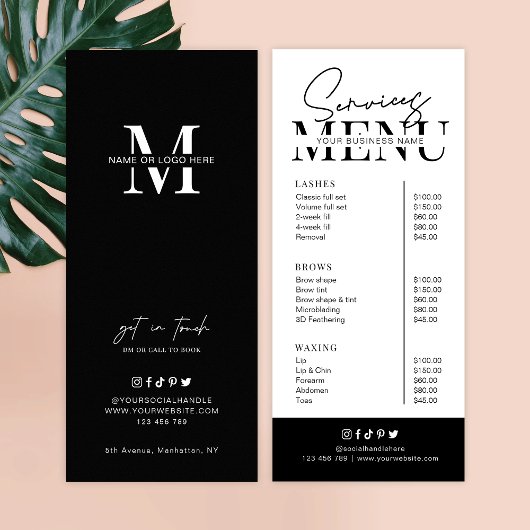 Minimalistisch menu Zwart-witsalon Script