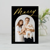 Minimalistisch Merry Black en Gold Script 2 Foto Folie Feestdagenkaart (Staand Voorkant)