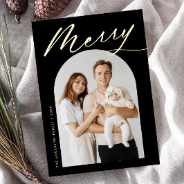 Minimalistisch Merry Black en Gold Script 2 Foto Folie Feestdagenkaart