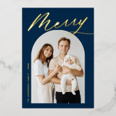 Minimalistisch Merry Navy en Gold Script 2 Foto Folie Feestdagenkaart (Voorkant)