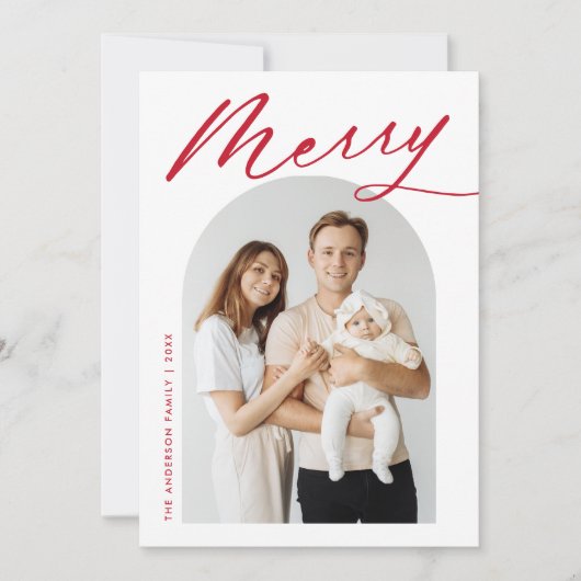 Minimalistisch Merry Red Script 2 Foto Feestdagenkaart (Voorkant)