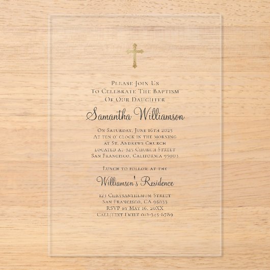 Minimalistisch met Faux Gold Cross Baptismal Acryl Uitnodigingen (Voorkant)