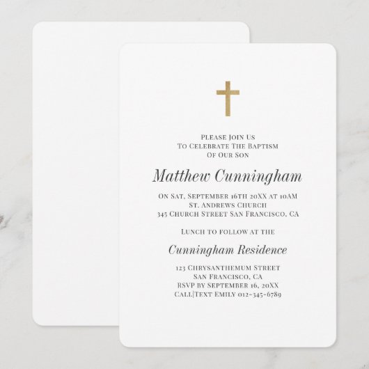 Minimalistisch met Faux Gold Cross Boy Baptismal Kaart (Voorkant / Achterkant)