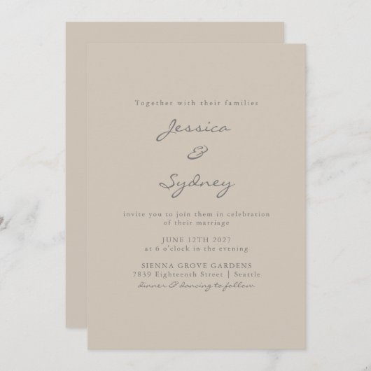 Minimalistisch modern beige Taupe Script Weddensch Kaart (Voorkant / Achterkant)