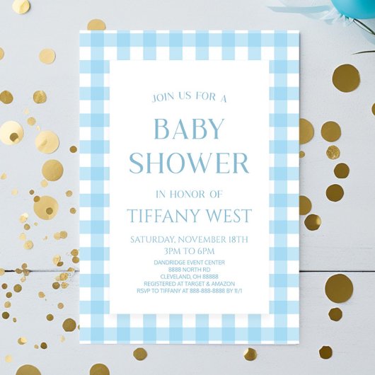 Minimalistisch modern blauw geruite Baby shower Kaart
