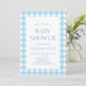 Minimalistisch modern blauw geruite Baby shower Kaart (Staand voorkant)