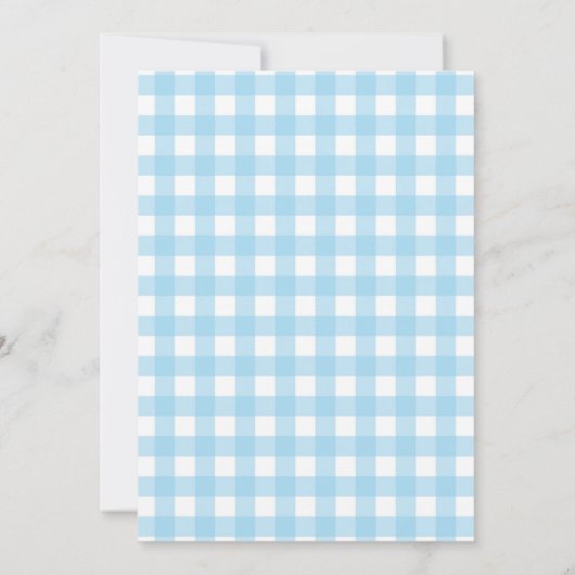 Minimalistisch modern blauw geruite Baby shower Kaart (Achterkant)