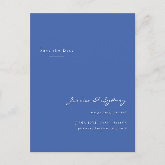 Minimalistisch modern blauw script bewaar de datum briefkaart (Voorkant)