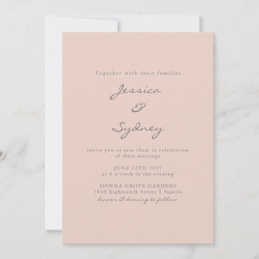 Minimalistisch modern Blush Grey Script Weddenscha Kaart (Voorkant)