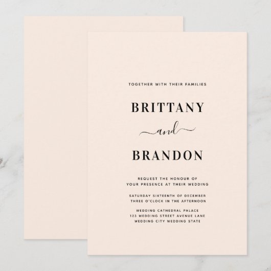 Minimalistisch Modern Blush Pink Wedding Kaart (Voorkant / Achterkant)