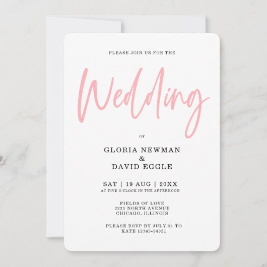 Minimalistisch Modern Blush Pink Wedding Kaart (Voorkant)