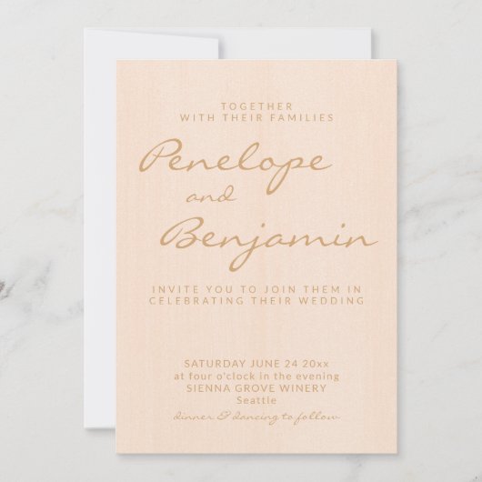 Minimalistisch modern Boho Peach Gold Script Wedde Kaart (Voorkant)