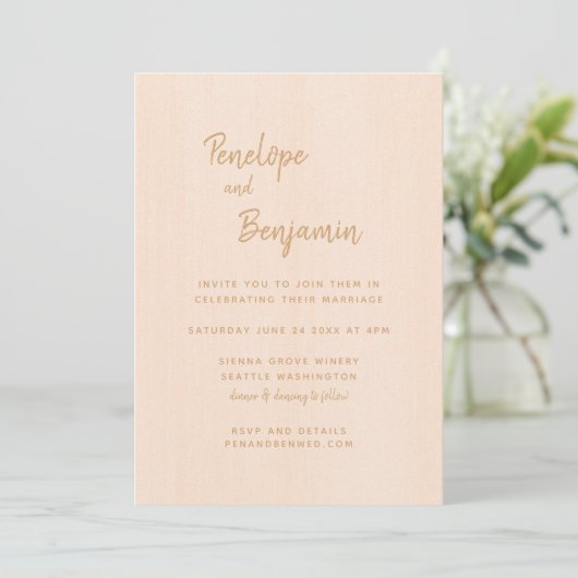 Minimalistisch Modern Boho Peach Photo Wedding Kaart (Staand voorkant)