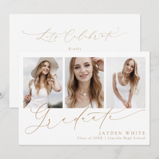 Minimalistisch Modern Chic Script 3 Foto-Afstudere Kaart (Voorkant / Achterkant)